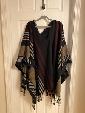 Free People Black Striped Poncho with Fringe
